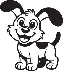 Cheerful cartoon dog smiling joyfully in black and white outline illustration