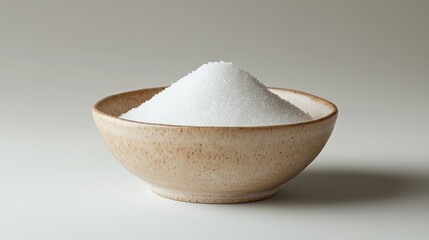 A neutral background serves as the setting for a white ceramic bowl filled with a granular white substance