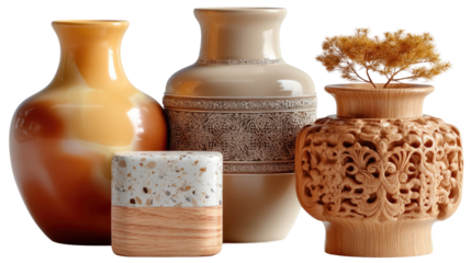 Ceramic and Wood Vases: An eclectic collection of three vases, each crafted from different materials and displaying unique artistry, adding a touch of elegance to any home decor.
