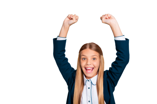 Close up photo beautiful amazing yelling she her little lady hands arms raised up glad end finish last studying day wear formalwear shirt blazer school form isolated bright teal turquoise background