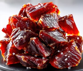 Close-Up View of Delicious Dried Meat Chunks with Coarse Salt Crystals Piled on a Slate Plate Ideal for Gourmet Food Photography