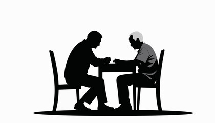 Elderly man and younger man engaging in conversation at table, connection
