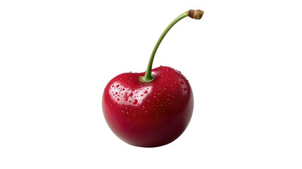 Sweet Cherry: A single, glistening cherry, its vibrant red skin glistening with tiny water droplets, is captured against a plain backdrop. The stem curves gracefully.