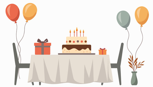 Elderly birthday table setting with cake and balloons, celebration joy