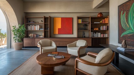 Living room layout with curved fabric armchairs and arch shelving
