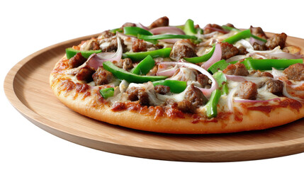 Savory Pizza Delight: A freshly baked pizza, laden with vibrant green peppers, tender sausage, and aromatic red onion, sits invitingly on a natural wooden plate, a culinary masterpiece