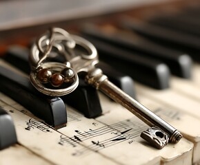 Obraz premium A vintage silver key with some beads is lying on top of a keyboard, which has printed music on the keys.