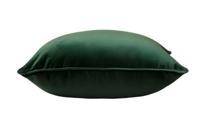 Dark green velvet cushion, softly curved edges, luxurious texture.  Side view