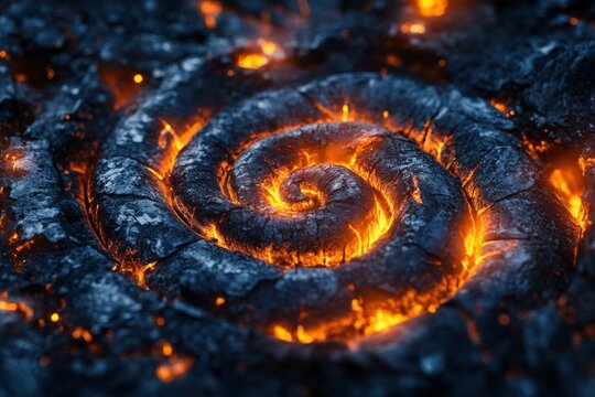 A glowing spiral of molten lava burns through dark, charred earth, creating a mesmerizing and intense natural pattern. - Powered by Adobe
