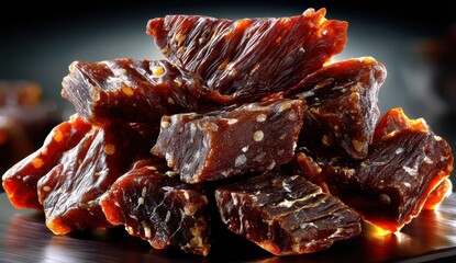 Close-up View of Delicious Jerky Snack Stacked on a Dark Wooden Surface with Subtle Lighting Enhancement for a Bold Food Presentation