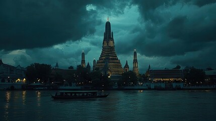 Naklejka premium Majestic Wat Arun from across the river with dramatic clouds behind