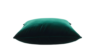 Teal pillow, softly curved, smooth surface, isolated on black background.  Luxurious and comfortable appearance
