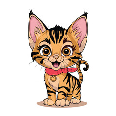 A cute ginger kitten, a funny cartoon feline pet, is sitting with its tail wagging, a delightful vector illustration