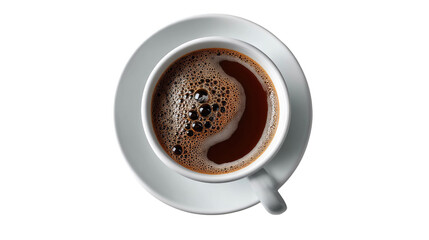 Fototapeta premium Morning Ritual: A steaming cup of aromatic coffee, brewed to perfection, rests elegantly on a pristine saucer, embodying the essence of a revitalizing start to the day.