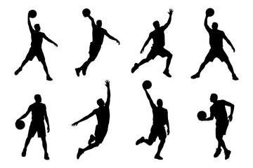 Basketball players silhouettes in action poses set