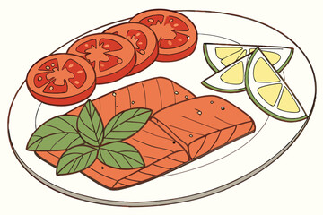 106 tomato slices, fresh basil leaves, lemon wedge, grilled salmon fillets, ceramic plate, close-up food photography
