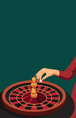 Casino. Vector illustration with space for text, female hand betting on casino roulette. Elegant minimalist aesthetics. Gambling, night atmosphere in dark red and green tones. For casino project