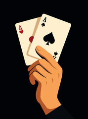 Vector flat illustration of hand holding two playing cards - ace of spades and ace of hearts. Minimalist casino scene symbolizing luck, power and winning hand in elegant style. For casino projects