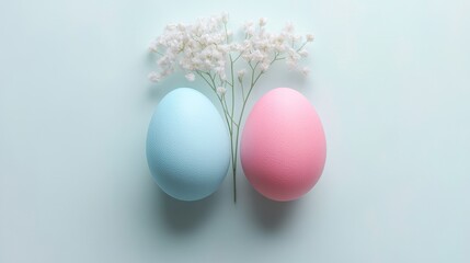 A pink and blue background serves as the foundation for a lively and diverse arrangement of painted eggs in various colors