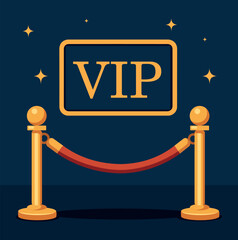 Vector illustration of VIP zone - golden fence with ribbon and sign. Elegance, privileges, luxury, roemium atmosphere in minimalist style for casino projects, events