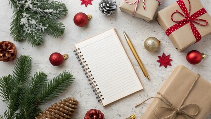 Obraz premium Top down Christmas arrangement featuring ornaments pine cones and seasonal gift boxes