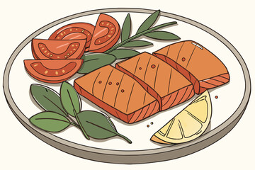 106 tomato slices, fresh basil leaves, lemon wedge, grilled salmon fillets, ceramic plate, close-up food photography