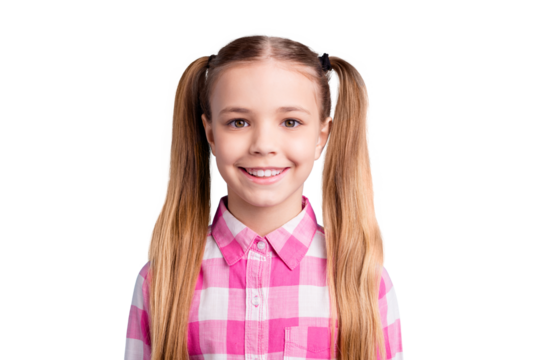 Close up photo beautiful amazing she her little lady pretty hairdress easy-going like studying school weekend vacation mood wear casual checkered plaid pink shirt isolated bright blue background - Powered by Adobe