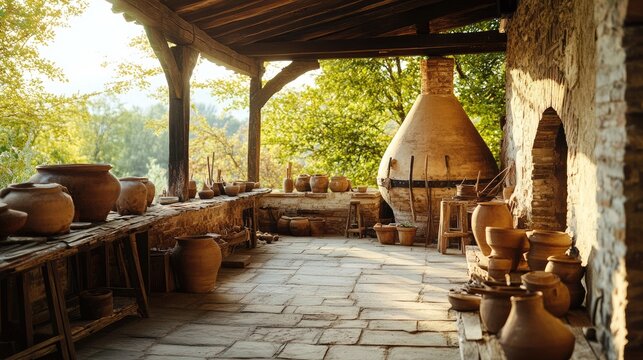 Old clay kilns and pottery tools on wooden benches in open air