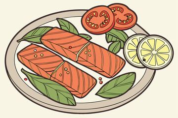 106 tomato slices, fresh basil leaves, lemon wedge, grilled salmon fillets, ceramic plate, close-up food photography