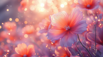 Fototapeta premium Ethereal 3D floral background with realistic interpretations and artistic light creates a dreamlike, calming atmosphere in shades of pink and lavender delight.