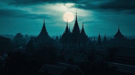 Ornate rooftop silhouette of royal palace against moonlit night sky