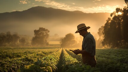 Fototapeta premium Farmer checking his crops at sunset 