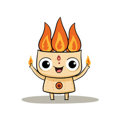 Cute Agni character with flames on head, cheerful expression, holding fire vibrant, playful, cartoonish, colorful, whimsical