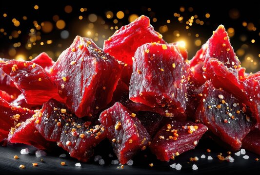 Close-Up View of Deliciously Seasoned Beef Jerky Cubes with Spices and Glimmering Light on Dark Background for Snack Lovers and Culinary Enthusiasts