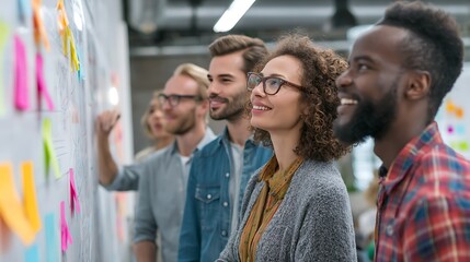 A group of people discussing on sticky notes 