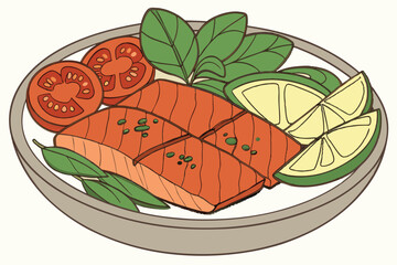 106 tomato slices, fresh basil leaves, lemon wedge, grilled salmon fillets, ceramic plate, close-up food photography