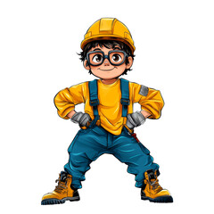 Cute construction worker cartoon character with yellow hard hat and blue overalls, exuding confidence and joy