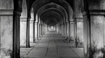 Quiet temple corridor lined with arches and columns in symmetry