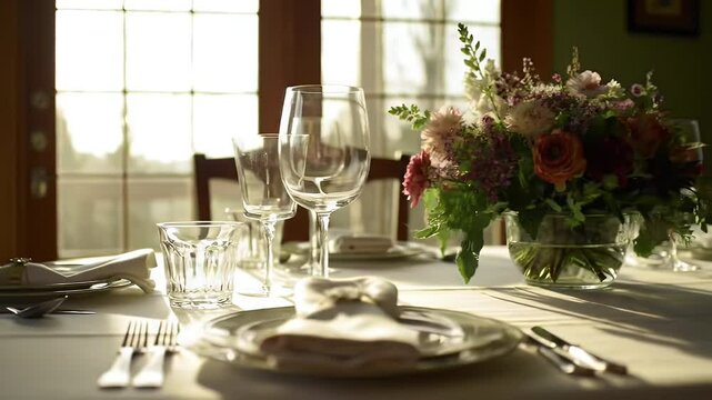 Elegant dining table setting with sunlight streaming through windows
