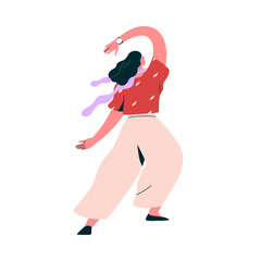 Woman dancing from behind. Young girl, contemporary modern female dancer with raised arm, energetic pose, graceful movement, back rear view. Flat vector illustration isolated on white background