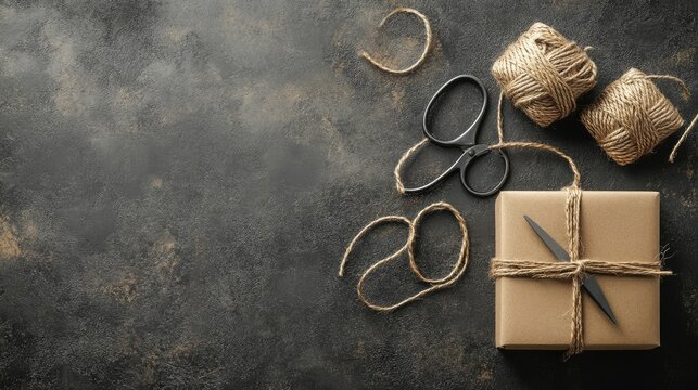 Rolled twine, scissors, and paper box ready for secure parcel wrapping