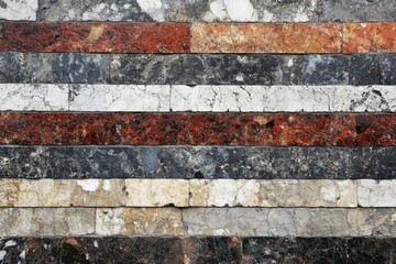 Horizontal stone wall pattern with various colors.  Different shades of red, black, gray, and beige stone arranged in horizontal bands.  Close-up view of the stonework texture