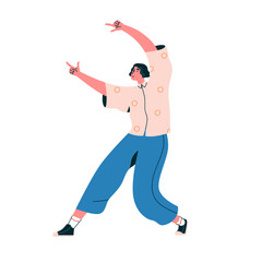 Happy dancing man with arms movement, hands up. Joyful young guy in energetic pose, smiling, moving at music party, concert, disco, having fun. Flat vector illustration isolated on white background