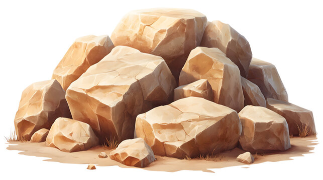 A Collection of Textured Rocks Sitting on a Sandy Surface Under Clear Skies Captured in Digital Art
