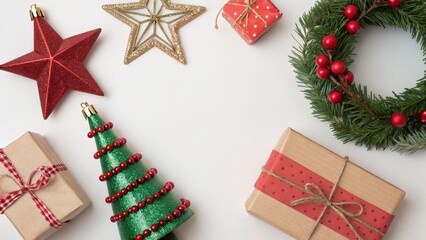 Holiday themed flat lay with Christmas ornaments pine cones presents open space