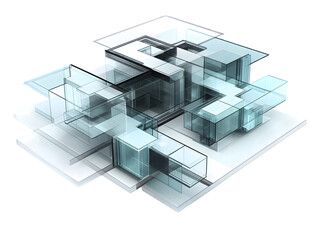 Modern glass house architectural design; complex, multi-level structure with transparent walls and open spaces