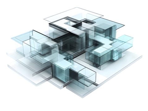 Modern glass house architectural design; complex, multi-level structure with transparent walls and open spaces