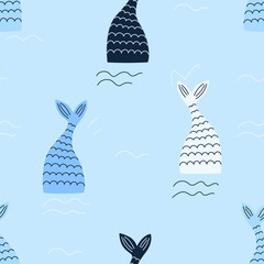 Seamless pattern with a mermaid on a blue background. Vector illustration for printing. Cute baby background