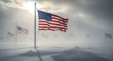 American Flags in Winter Snowstorm