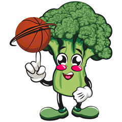 Cute broccoli vegatable vektor illustration mascot character spin the basketball with the index finger, work of hand drawn